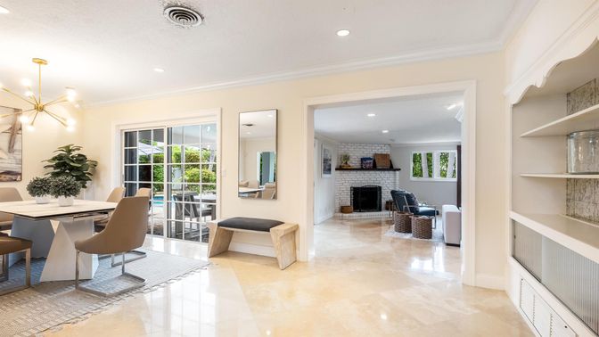 Dining room, Fireplace, Interior, Pendant Lights, Recessed Lighting, Stone Walls