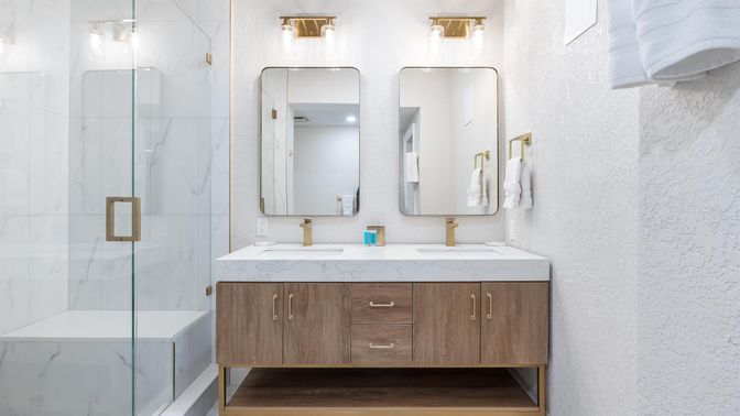 Bathroom, Dual Sink Vanities, Glass Shower, Interior, Marble Walls