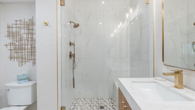 Bathroom, Glass Shower, Interior, Marble Walls