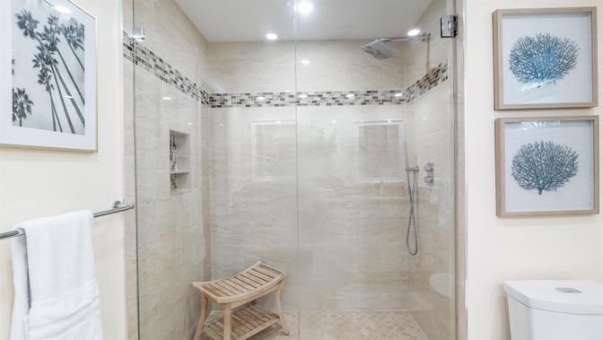 Bathroom, Glass Shower, Interior, Recessed Lighting
