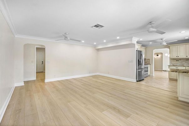 Empty room, Interior, Kitchen, Recessed Lighting, Wood Texture Flooring
