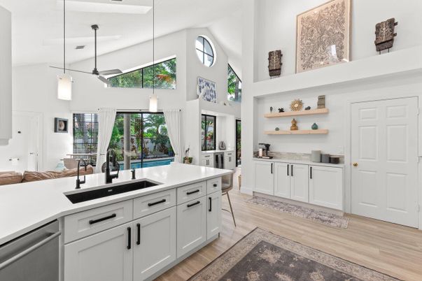 Interior, Kitchen, Pendant Lights, Wood Texture Flooring