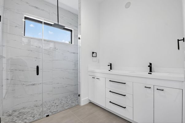 Bathroom, Dual Sink Vanities, Glass Shower, Interior, Marble Walls