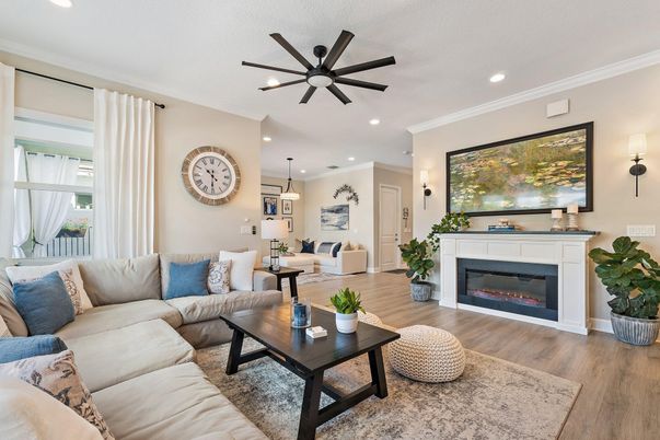 Fireplace, Interior, Living room, Pendant Lights, Recessed Lighting, Wood Texture Flooring