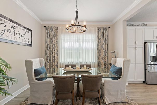 Chandelier, Dining room, Interior, Pendant Lights, Stainless Steel Appliances, Wood Texture Flooring