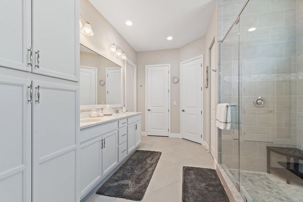 Bathroom, Dual Sink Vanities, Glass Shower, Interior, Recessed Lighting