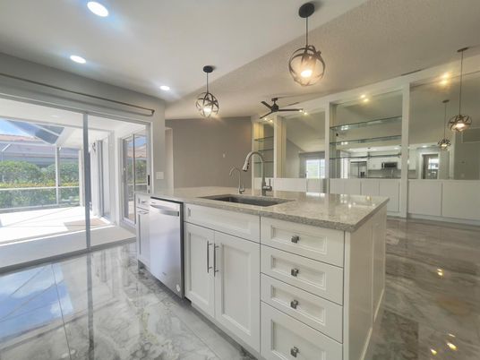 Interior, Kitchen, Marble, Pendant Lights, Recessed Lighting, Stainless Steel Appliances