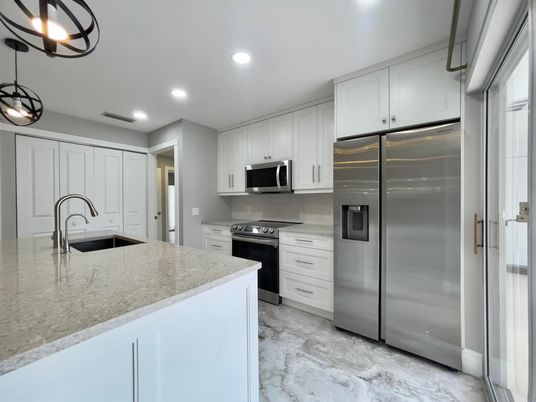 Interior, Kitchen, Marble, Pendant Lights, Recessed Lighting, Stainless Steel Appliances