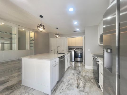 Interior, Kitchen, Marble, Pendant Lights, Recessed Lighting, Stainless Steel Appliances