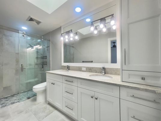 Bathroom, Dual Sink Vanities, Glass Shower, Interior, Recessed Lighting