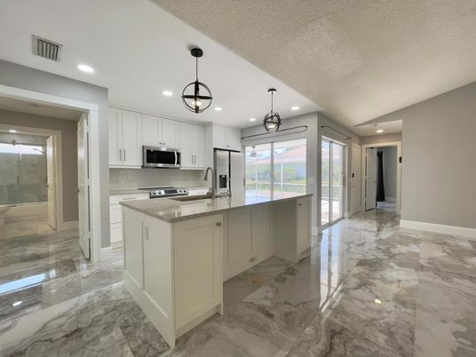 Interior, Kitchen, Marble, Pendant Lights, Recessed Lighting, Stainless Steel Appliances