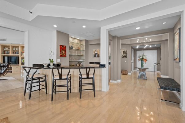 Dining room, Interior, Recessed Lighting, Wood Texture Flooring