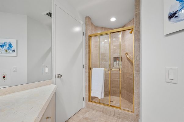 Bathroom, Glass Shower, Interior, Recessed Lighting