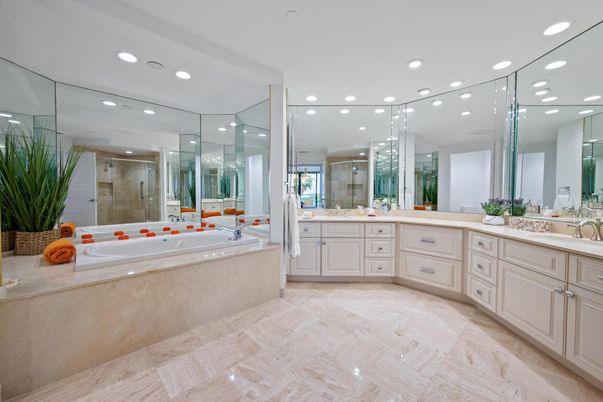 Bathroom, Dual Sink Vanities, Glass Shower, Interior, Recessed Lighting