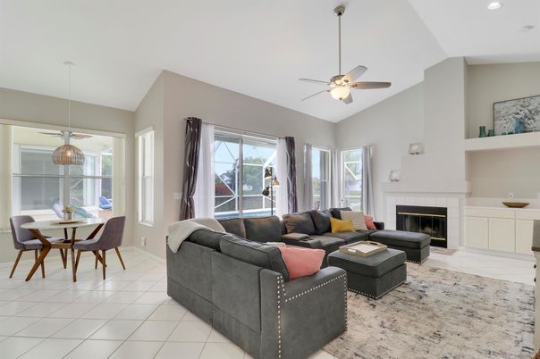 Dining room, Fireplace, Interior, Living room, Pendant Lights, Recessed Lighting