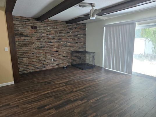Empty room, Fireplace, Interior, Stone Walls, Wood Texture Flooring