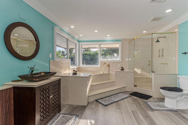 Bathroom, Glass Shower, Interior, Recessed Lighting, Wood Texture Flooring