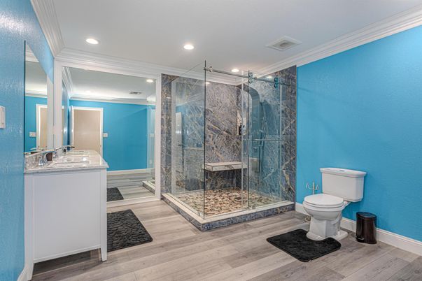 Bathroom, Glass Shower, Interior, Recessed Lighting, Wood Texture Flooring