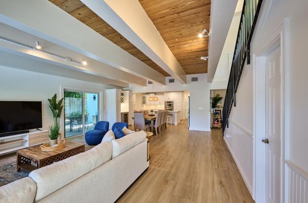 Dining room, Interior, Kitchen, Living room, Pendant Lights, Wooden Ceilings, Wood Texture Flooring