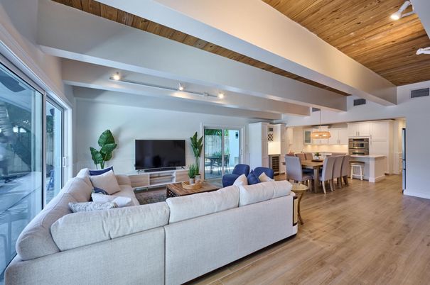 Dining room, Interior, Kitchen, Living room, Pendant Lights, Stainless Steel Appliances, Wooden Ceilings, Wood Texture Flooring