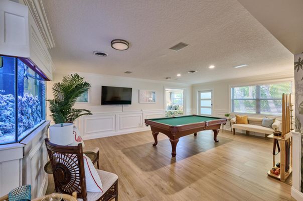 Billiard Table, Game Room, Interior, Recessed Lighting, Wood Texture Flooring