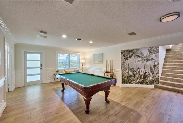 Billiard Table, Game Room, Interior, Recessed Lighting, Wood Texture Flooring
