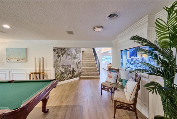 Billiard Table, Game Room, Interior, Recessed Lighting, Wood Texture Flooring