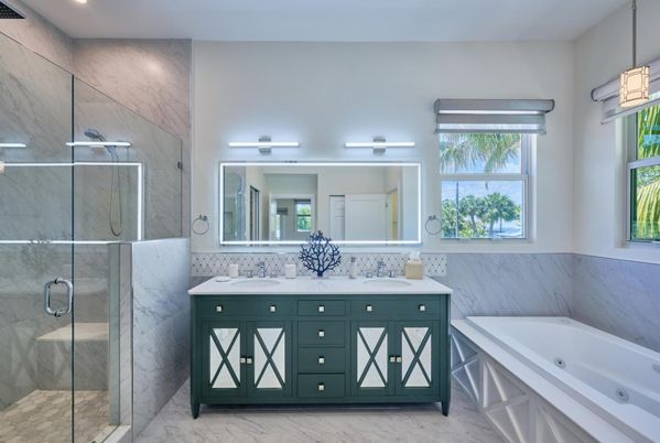 Bathroom, Dual Sink Vanities, Glass Shower, Interior, Marble, Marble Walls, Recessed Lighting