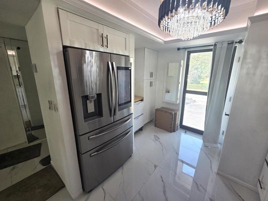 Chandelier, Interior, Kitchen, Marble, Stainless Steel Appliances