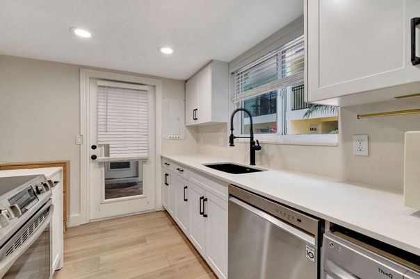Interior, Kitchen, Recessed Lighting, Stainless Steel Appliances, Wood Texture Flooring