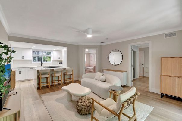 Interior, Kitchen, Living room, Recessed Lighting, Wood Texture Flooring