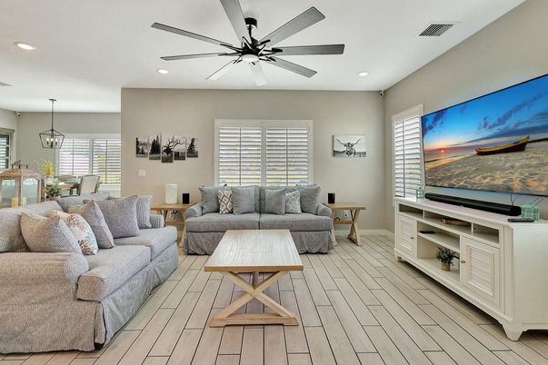 Dining room, Interior, Living room, Pendant Lights, Recessed Lighting, Wood Texture Flooring