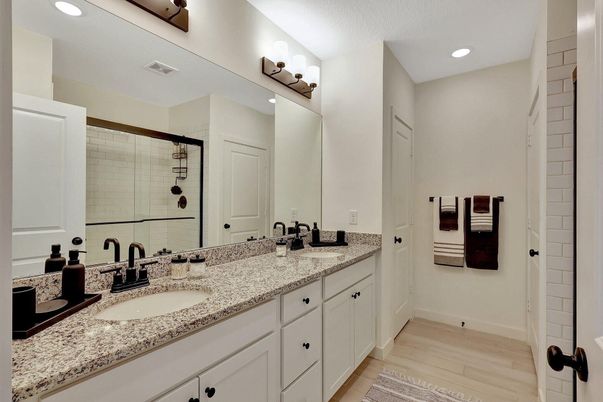 Bathroom, Dual Sink Vanities, Interior, Recessed Lighting, Wood Texture Flooring