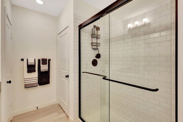 Bathroom, Glass Shower, Interior, Recessed Lighting, Wood Texture Flooring