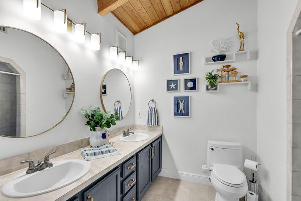 Bathroom, Dual Sink Vanities, Interior, Wooden Beams, Wooden Ceilings