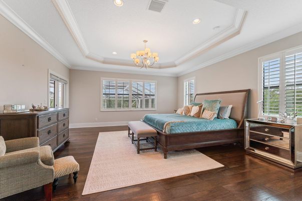 Bedroom, Chandelier, Interior, Recessed Lighting, Wood Texture Flooring