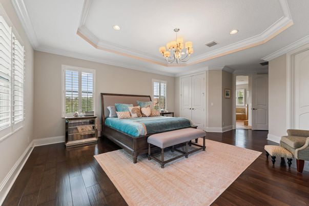 Bedroom, Chandelier, Interior, Recessed Lighting, Wood Texture Flooring