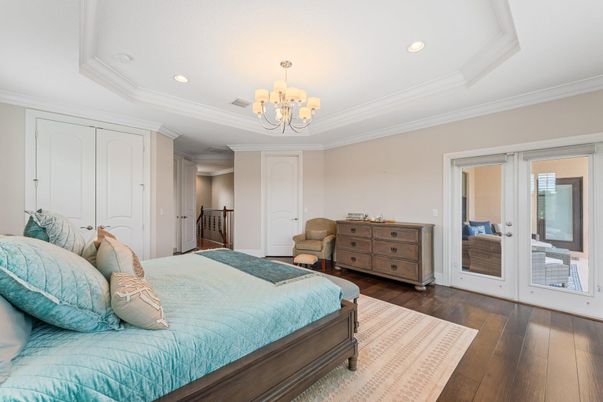 Bedroom, Chandelier, Interior, Recessed Lighting, Wood Texture Flooring