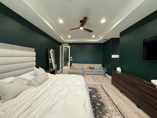Bedroom, Interior, Recessed Lighting, Wood Texture Flooring
