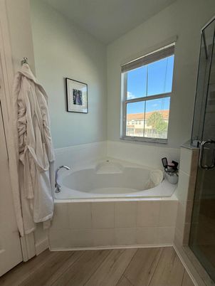 Bathroom, Glass Shower, Interior, Wood Texture Flooring