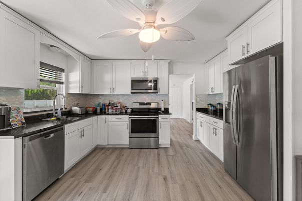 Interior, Kitchen, Stainless Steel Appliances, Wood Texture Flooring