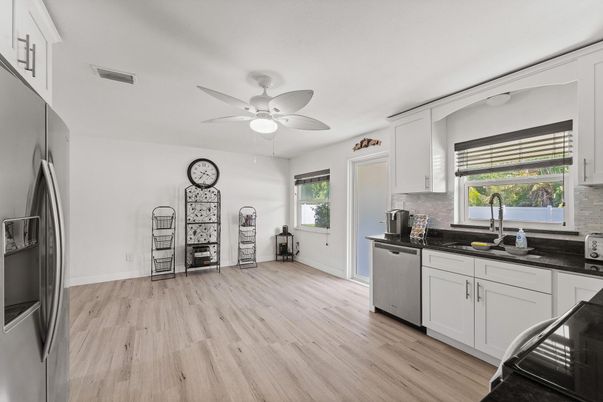 Interior, Kitchen, Stone Walls, Wood Texture Flooring