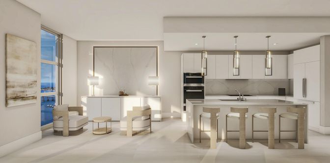 Interior, Kitchen, Marble Walls, Pendant Lights