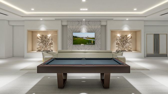 Billiard Table, Game Room, Interior, Marble Walls, Recessed Lighting