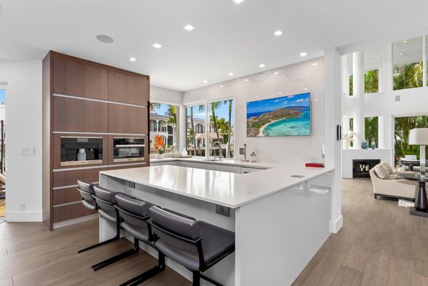 Fireplace, Interior, Kitchen, Marble Walls, Recessed Lighting, Wood Texture Flooring