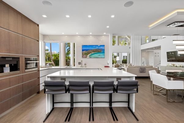 Dining room, Interior, Kitchen, Living room, Recessed Lighting, Stainless Steel Appliances, Wood Texture Flooring