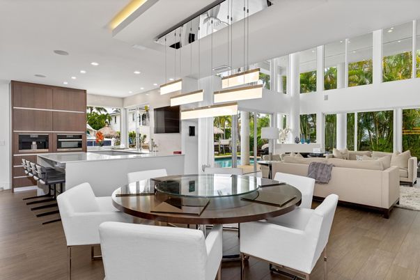 Dining room, Interior, Kitchen, Living room, Pendant Lights, Recessed Lighting, Stainless Steel Appliances, Wood Texture Flooring