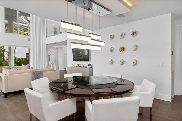 Dining room, Interior, Living room, Pendant Lights, Wood Texture Flooring