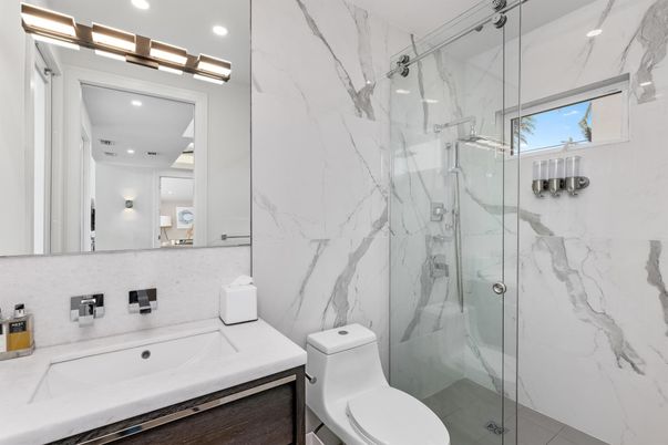 Bathroom, Glass Shower, Interior, Marble Walls, Recessed Lighting