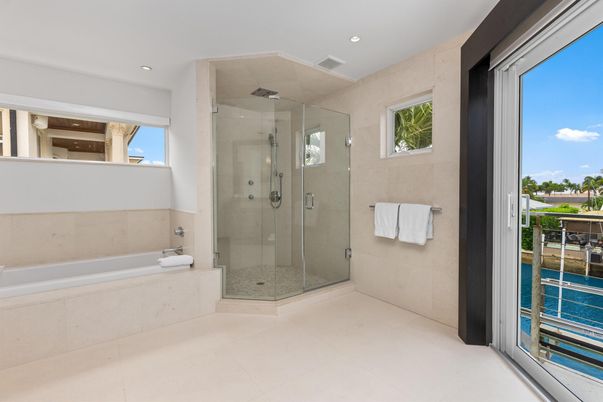 Bathroom, Glass Shower, Interior, Recessed Lighting
